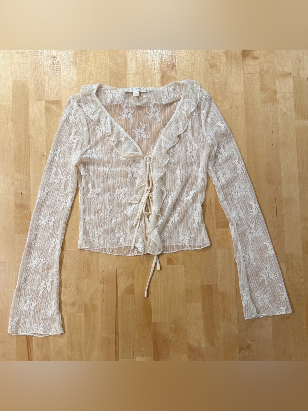 Thirty Thirty LA Sheer Floral Lace Ruffle Tie-Front Blouse